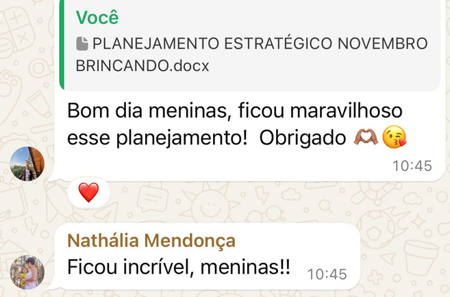 Mensagem: Bom dia meninas, ficou maravilhoso esse planejamento! Obrigado. Resposta de Nathália Mendonça: Ficou incrível, meninas!